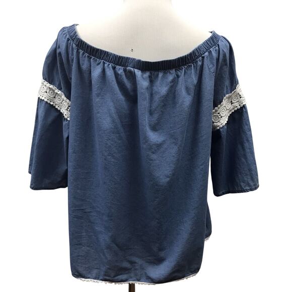 Joes Collection Top Womens Large Blue Chambray White Detailed Hemline - Picture 5 of 8